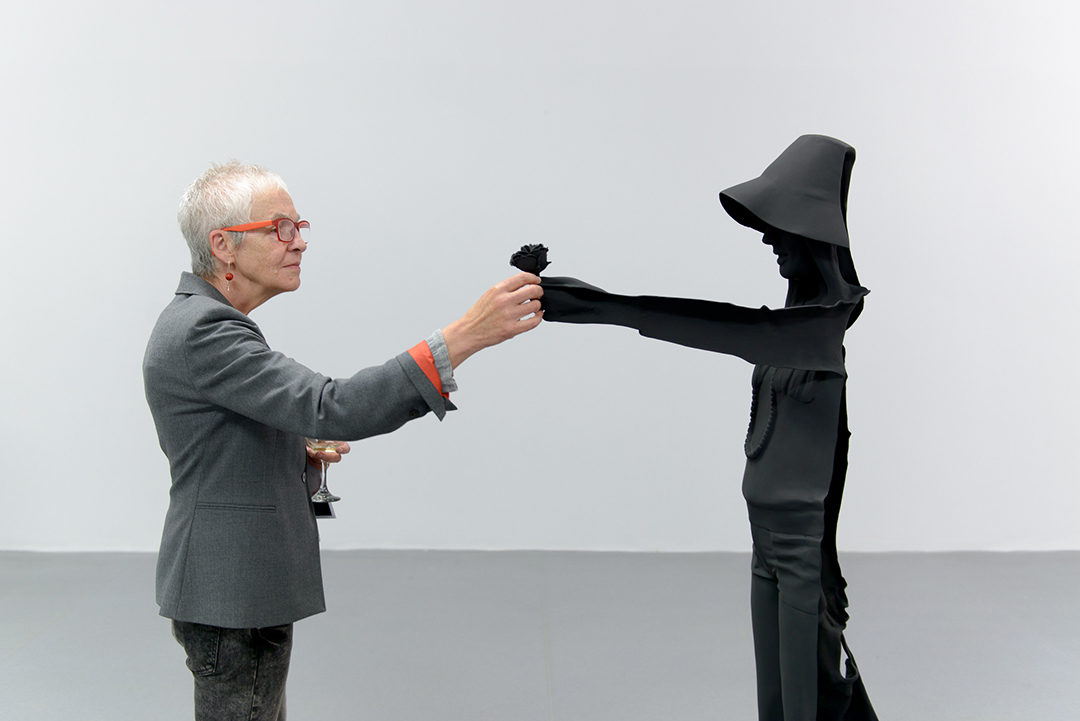 Audience member interacting with sculpture in Brigitte Zieger's Other Scenes exhibition at Void Gallery 2017