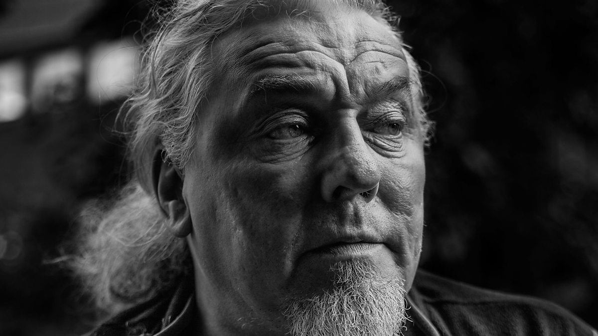 Spoken word artist Frank Rafferty, black and white image