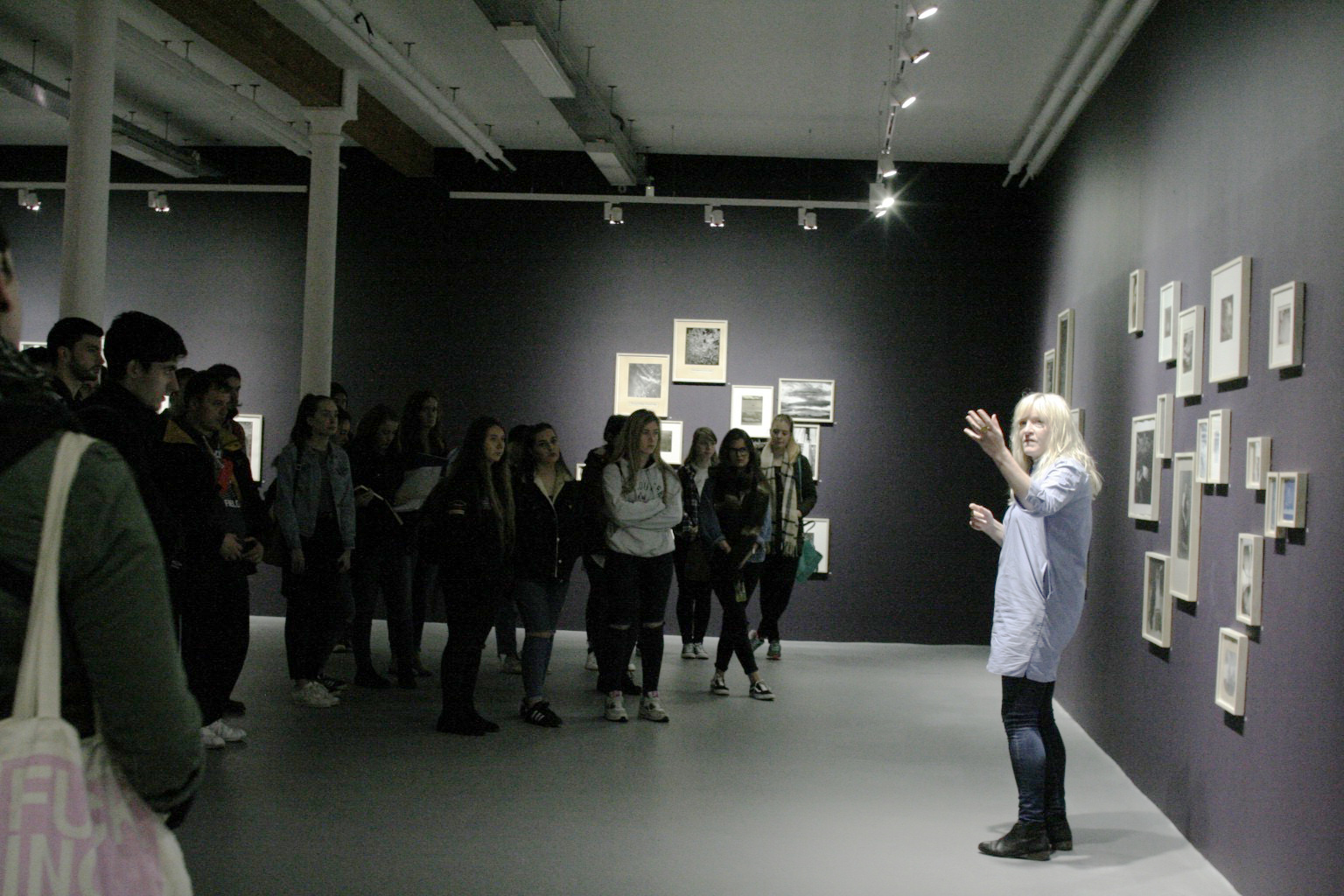 Descriptive image of curator giving a tour to university students at Void Gallery 2017