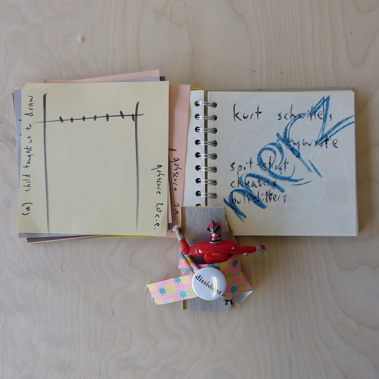 notebook with many notes and postit on a wooden table
