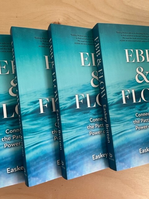 four blue books arranged on top of each other on a wooden table. The title of the book is Ebb & Flow by Easkey Britton