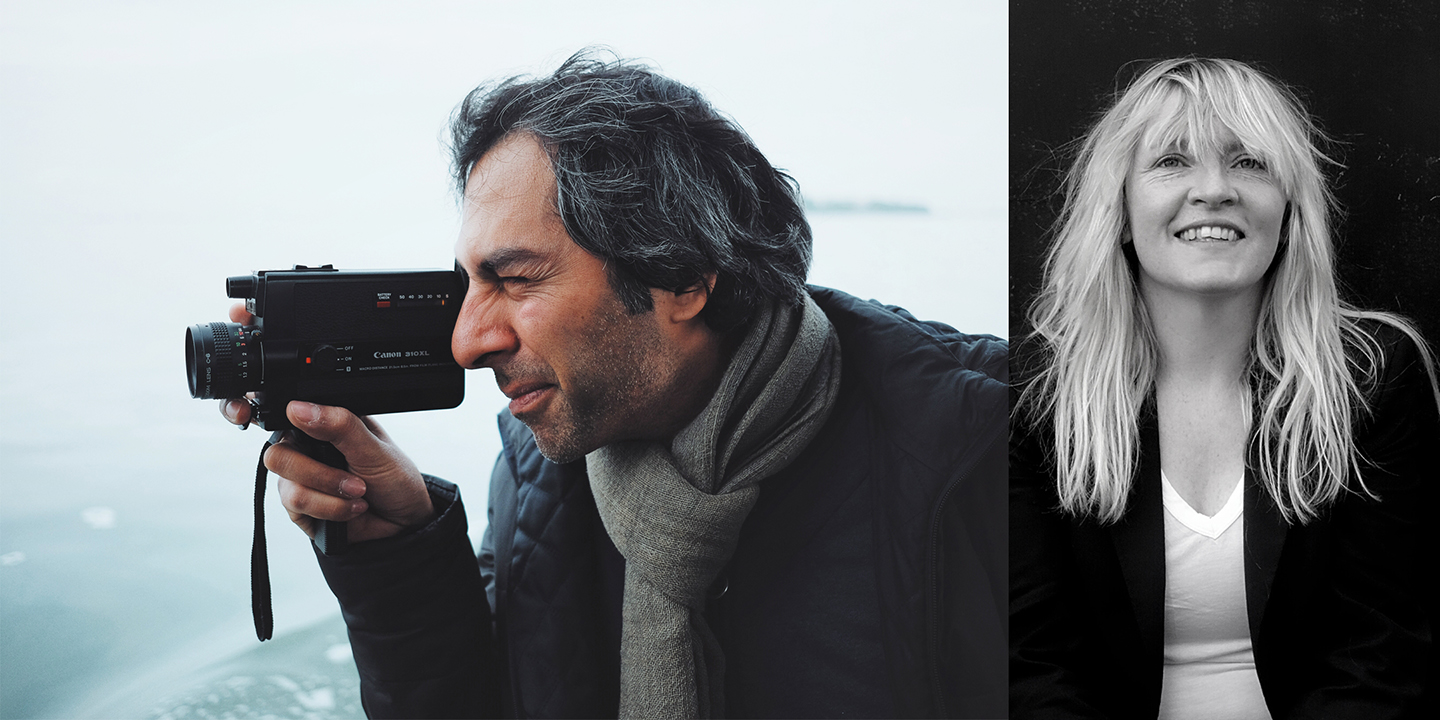 Two images displayed side-by-side. Left-hand image takes up two thirds of image and depicts a middle aged man with greying medium-length hair looking through the lens of a video camera which is pointed to the left of the image frame. He wears a dark winter coat and a grey polar neck and the background shows a misty expanse in light blue shades. The other image is black and white and depicts a middle aged woman with long blonde hair smiling towards the camera. She wears a dark blazer and white top.